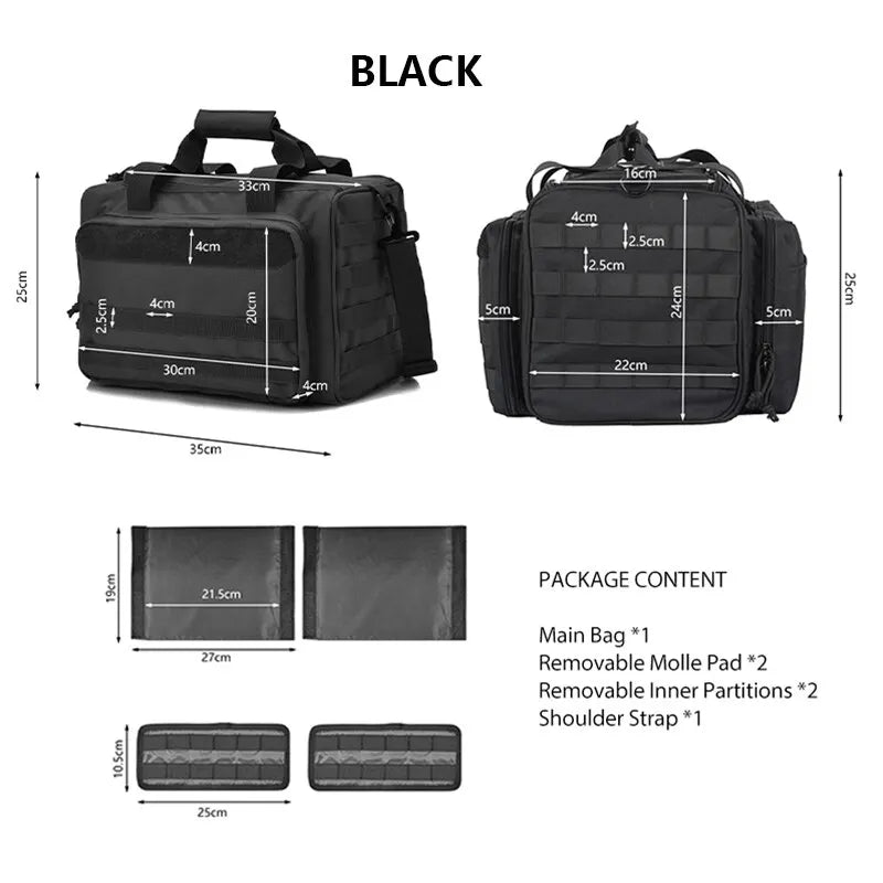 Military style outdoor range bag, side view showing multiple pockets and durable nylon fabric.