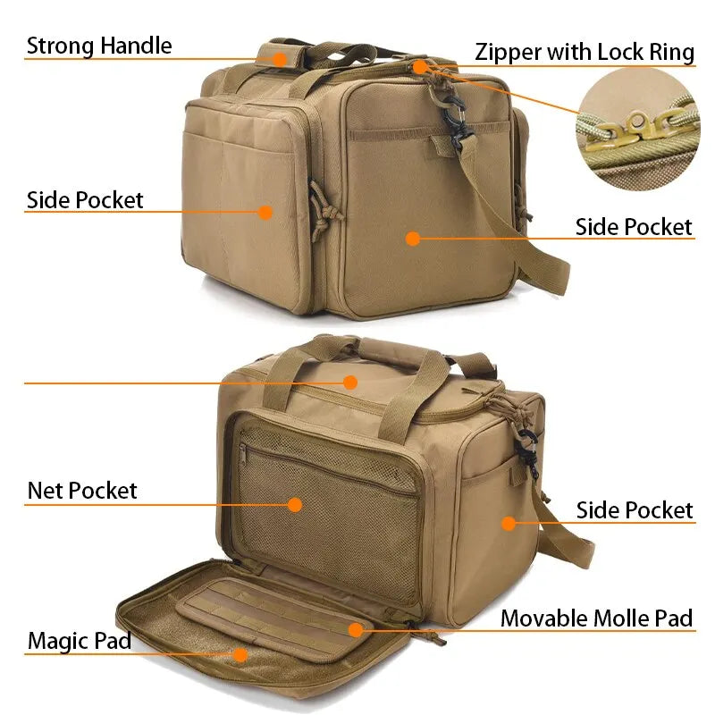 Hunting shooting bag with Molle webbing, top-down view displaying spacious interior for ammo and accessories.