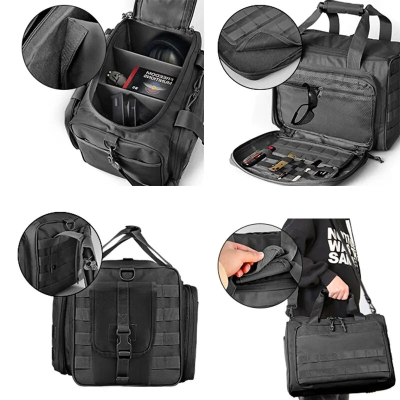 Black nylon range bag, designed for men's outdoor activities, with removable shoulder strap.