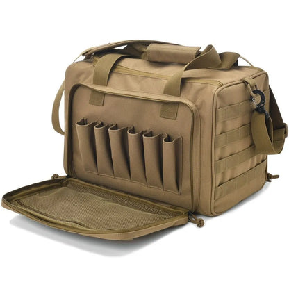 Water-resistant tactical duffle bag for shooting, shown at a gun range with various firearms.