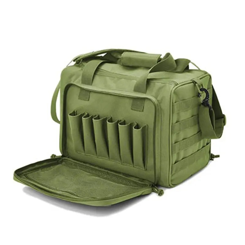 Tactical range bag for men, full view with shooting accessories organized inside main and side pockets.