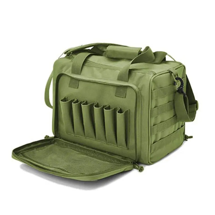 Tactical range bag for men, full view with shooting accessories organized inside main and side pockets.