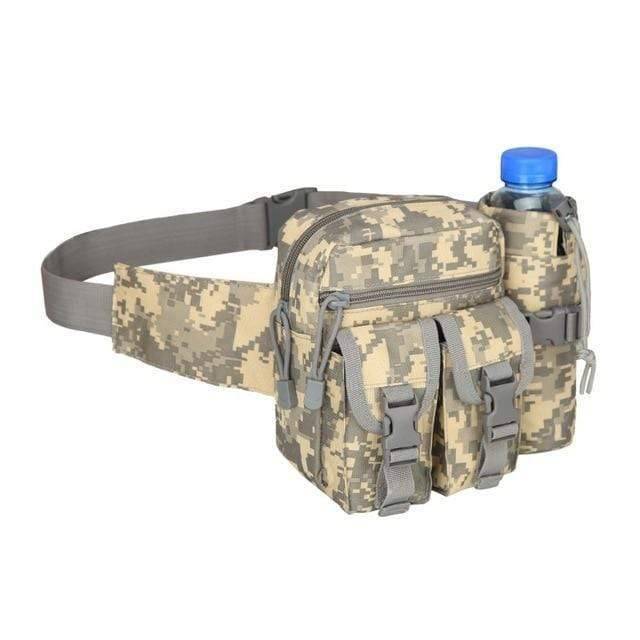 Detail of the phone holder on a tactical utility pouch, designed for secure outdoor carrying during activities.