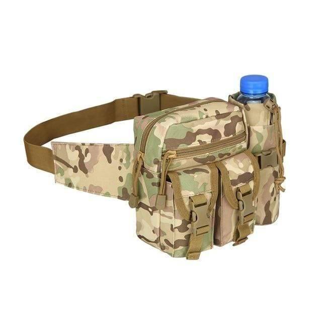 Tactical camping gear: water bottle and phone pouch attached to a backpack, ready for the wilderness.