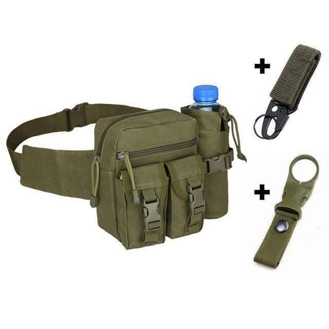 Adjustable tactical pouch for water bottles and phones, offering hands-free convenience for outdoor sports.