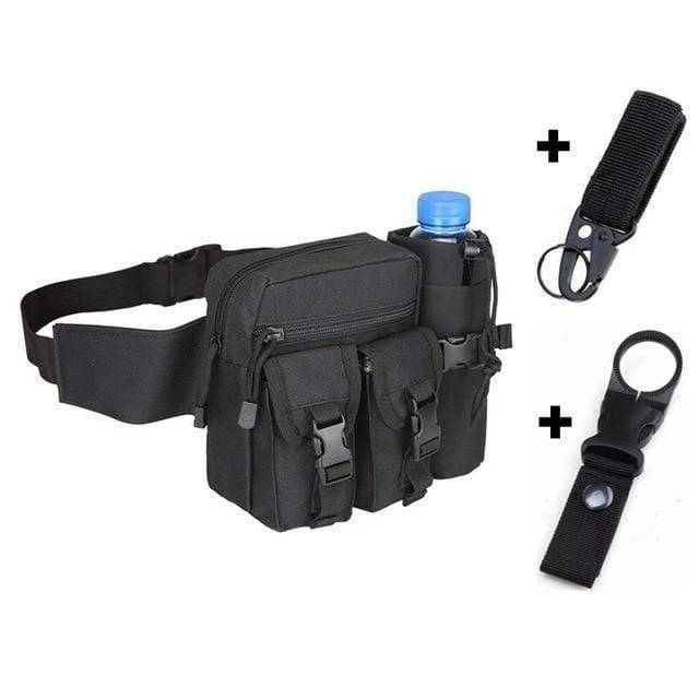 Hunting bags: tactical utility pouch with integrated water bottle and phone pockets, in a camouflaged setting.
