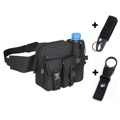 Hunting bags: tactical utility pouch with integrated water bottle and phone pockets, in a camouflaged setting.