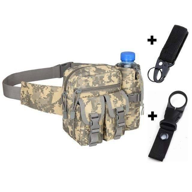 Outdoor utility bag: tactical pouch featuring a water bottle holster and a zippered phone compartment.
