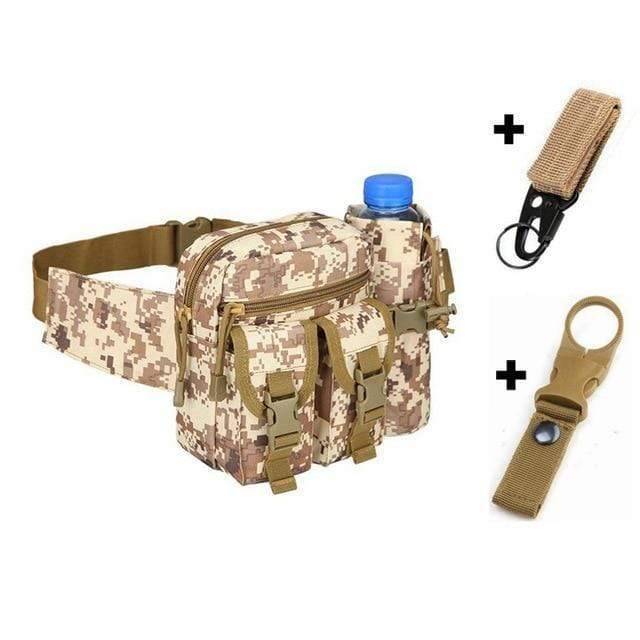 Gray tactical water bottle and phone pouch, perfect for keeping essentials accessible during outdoor activities.