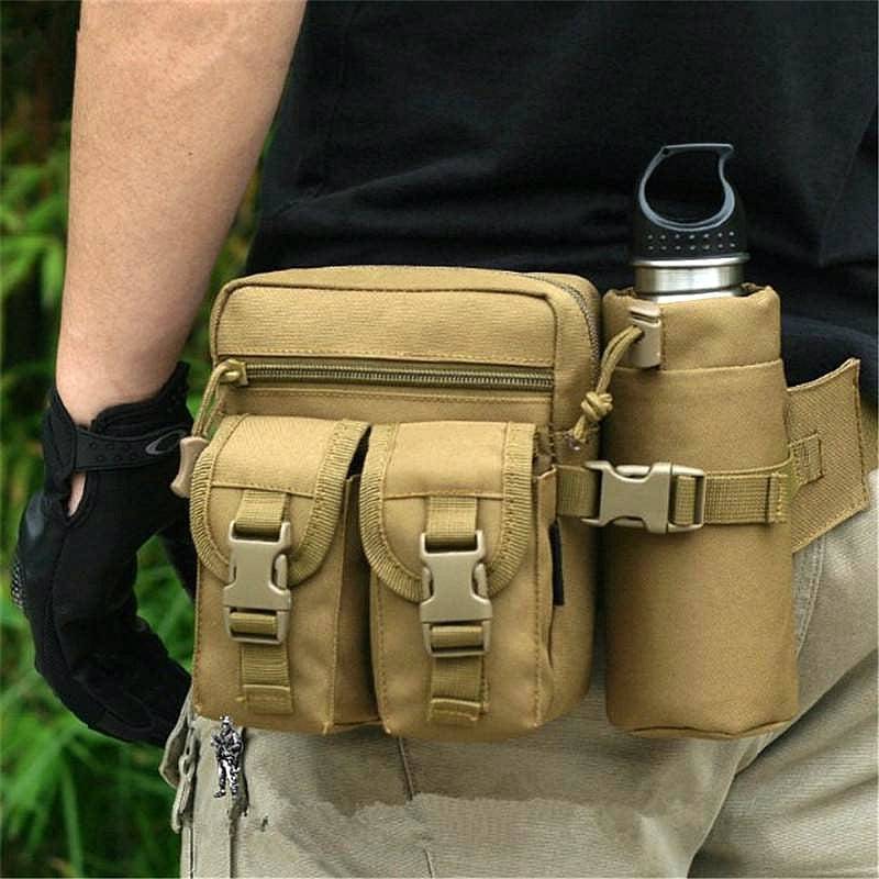 Tactical outdoor pouch with robust stitching, designed to securely carry a water bottle and smartphone.