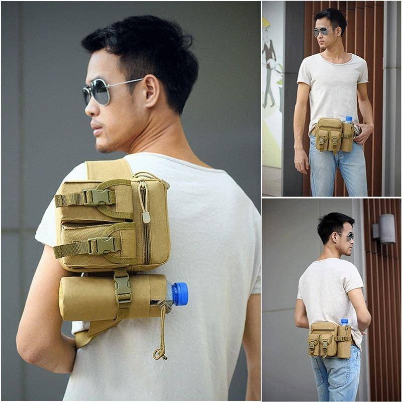 Versatile tactical waist bag with water bottle holder, phone compartment, and Molle webbing for outdoor gear.
