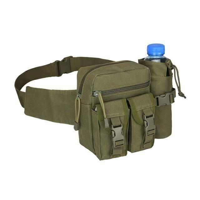 Nylon tactical water bottle holder with a phone pouch, rugged and practical outdoor accessory for hikers.