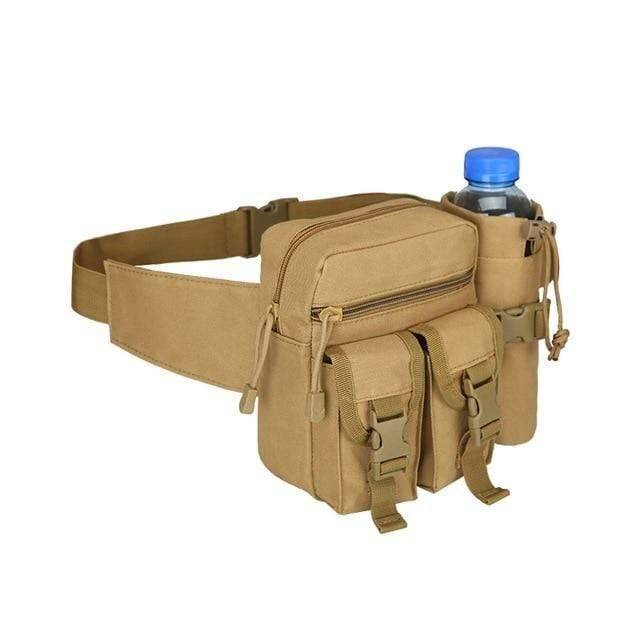 Front view of black tactical outdoor water bottle and phone utility pouch, showcasing multiple compartments.