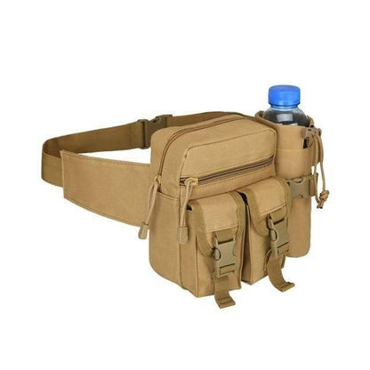 Front view of black tactical outdoor water bottle and phone utility pouch, showcasing multiple compartments.