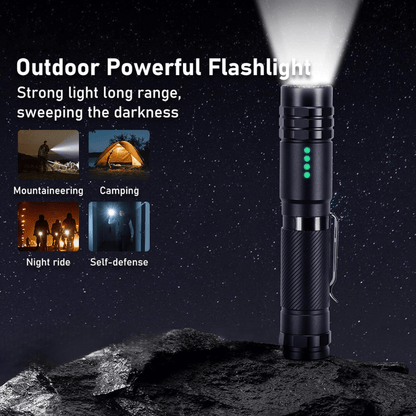 Pocket-sized tactical flashlight, 2000 lumens, with lanyard hole, essential outdoor gear.