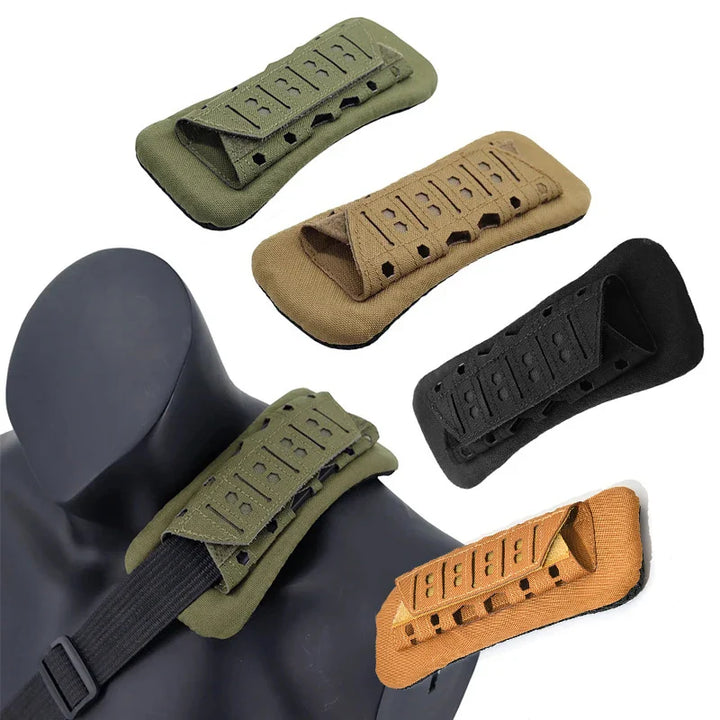 Tactical shoulder pads for backpacks, black soft mesh cushions, enhancing comfort & support for vests.