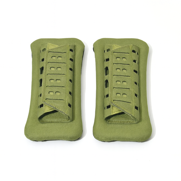 Outdoor gear: tactical shoulder pads, black nylon and mesh, designed for hiking and molle backpacks.