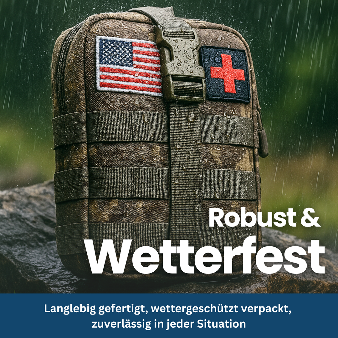 Tactical survival kit attached to a backpack, showing MOLLE integration for easy outdoor carry