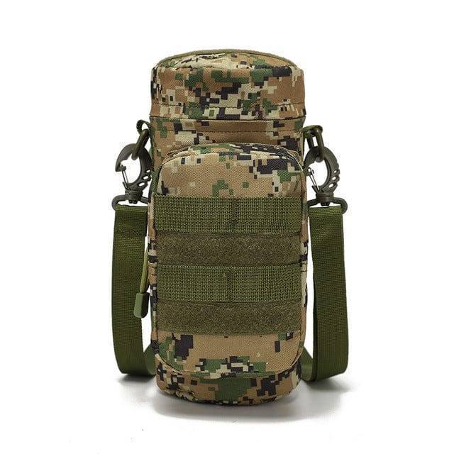 Tactical water bottle holder in focus, showcasing its durable material and secure fastening for outdoor.