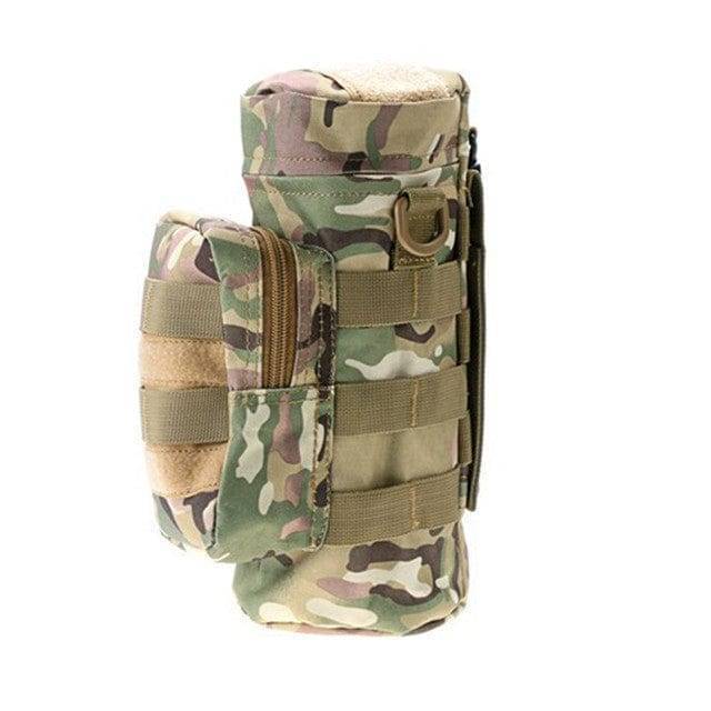 Side view of tactical water bottle holder, emphasizing its utility for hiking and camping hydration.