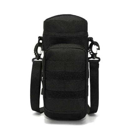 Black tactical water bottle carrier, rugged design for camping and outdoor enthusiasts, essential gear.