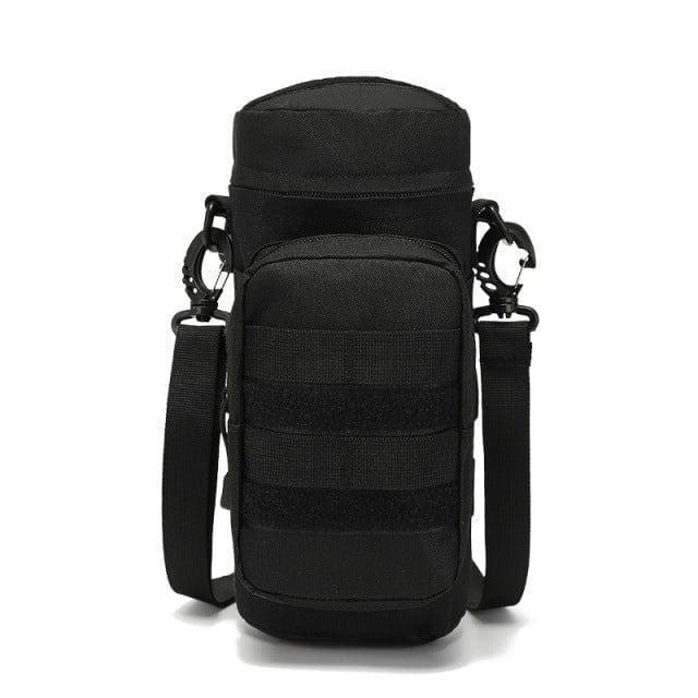 Black tactical water bottle carrier, rugged design for camping and outdoor enthusiasts, essential gear.