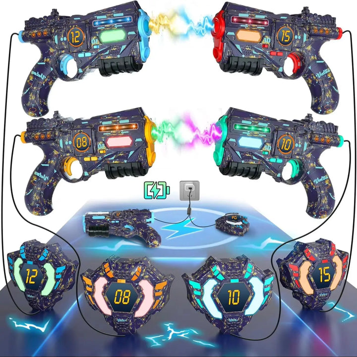 Tagonix rechargeable laser tag set for kids & adults, featuring blasters & vests for team battles. Fun family game.