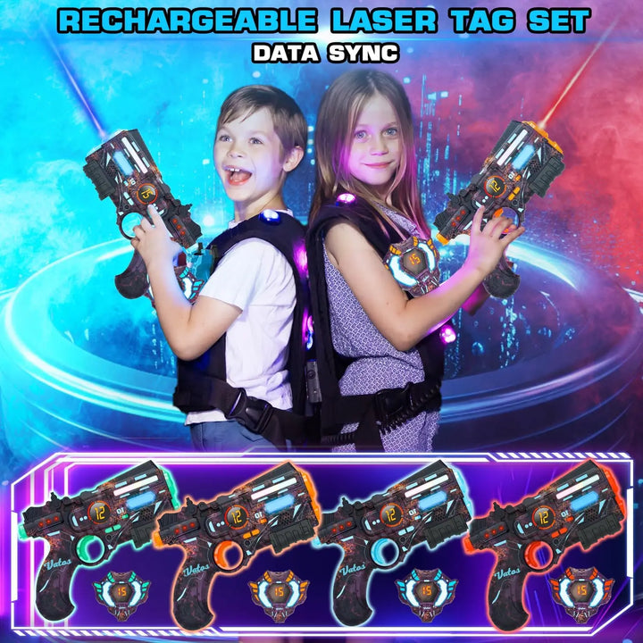 Adults enjoying an indoor laser tag game with the Tagonix rechargeable set. Electronic fun for family.