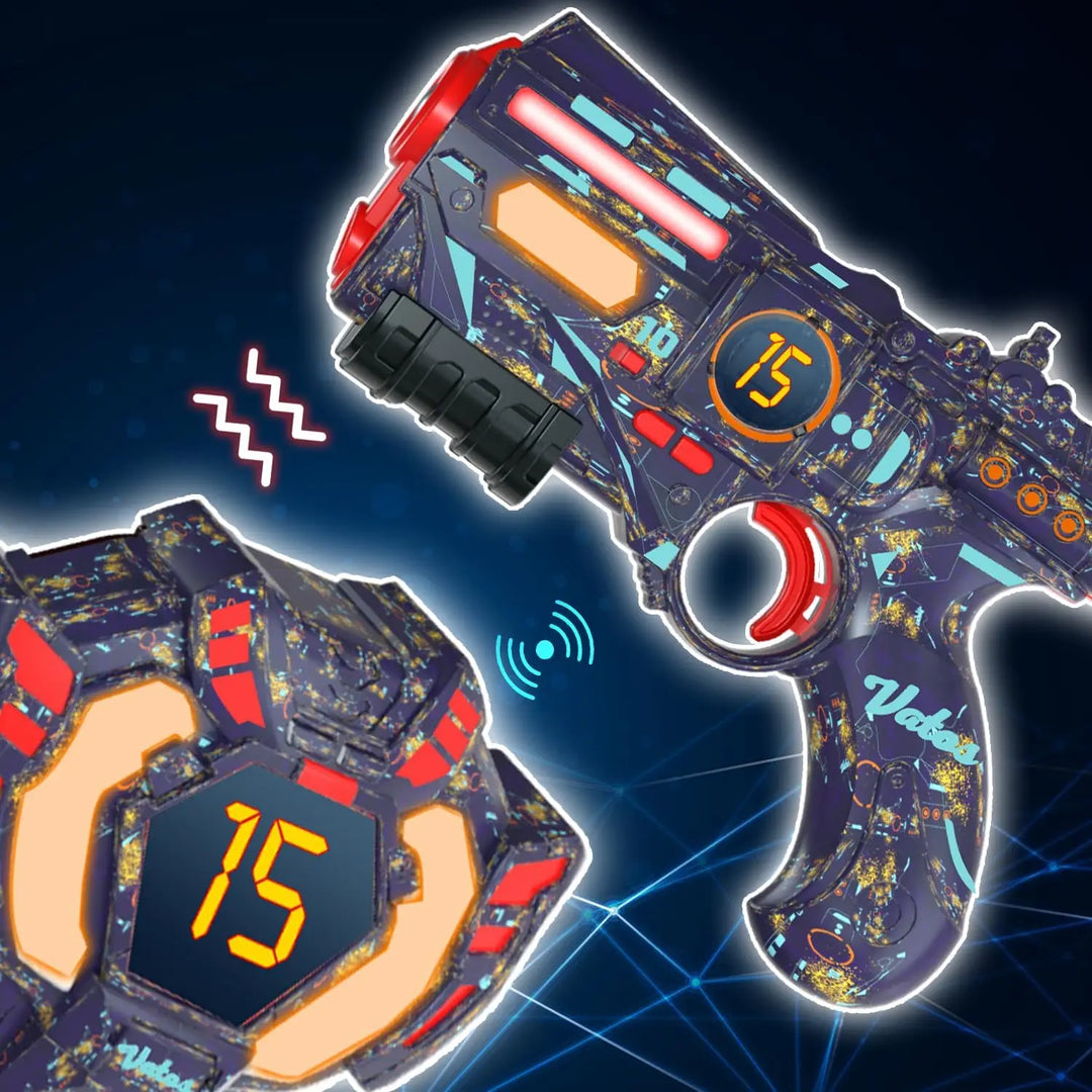 Family enjoying a lively laser tag game together with the Tagonix rechargeable set. Perfect for all ages.