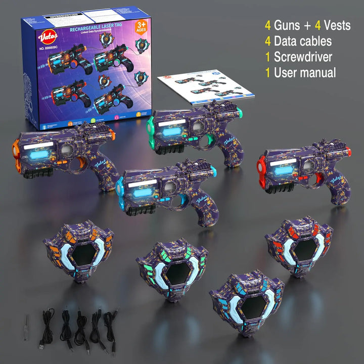 Kids & adults engaged in an intense laser tag team battle with Tagonix rechargeable set. Action-packed game.