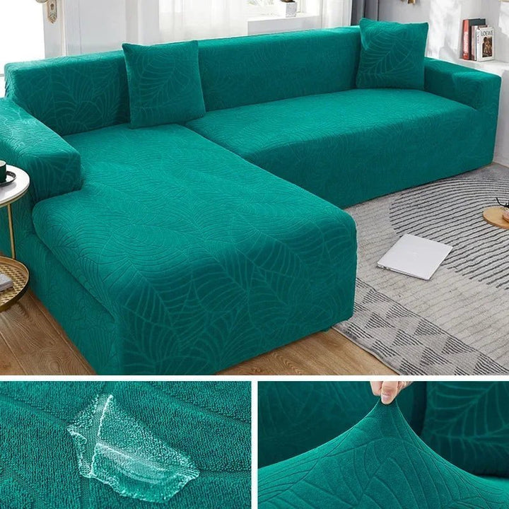Functional L-shape couch protector, stretch polyester, pet friendly & washable for a renovated home look.