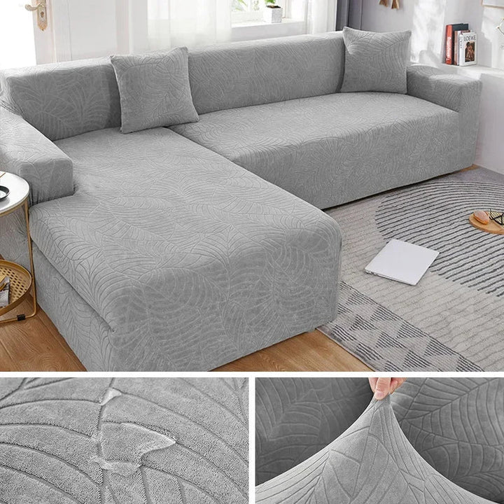 Modern L-shape sofa slipcover, stretch polyester for a sleek look, perfect home decor & furniture protection.
