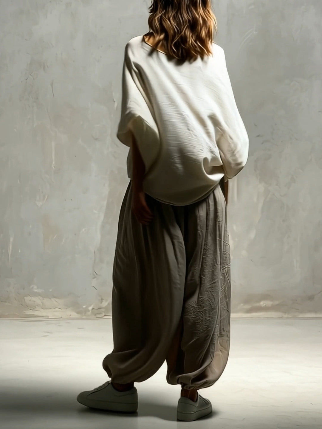 Women's taupe high waist wide leg harem pants, comfortable and stylish for bohemian loungewear.