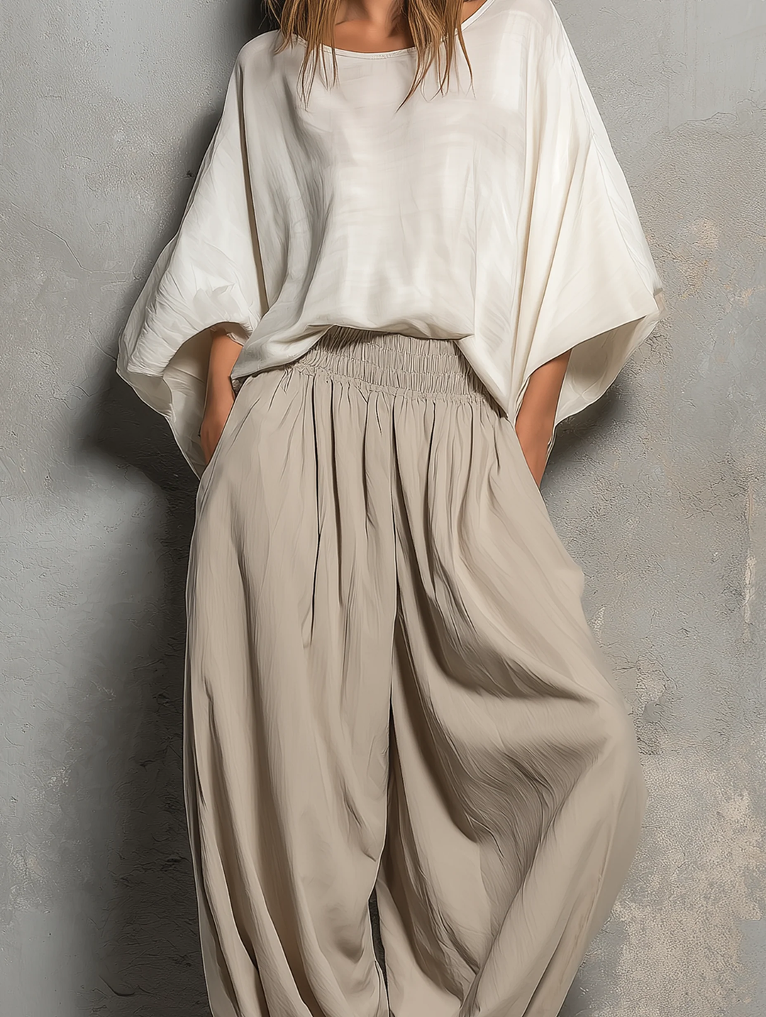 Casual women's taupe wide leg harem pants with drawstring, ideal for spring and summer fashion.