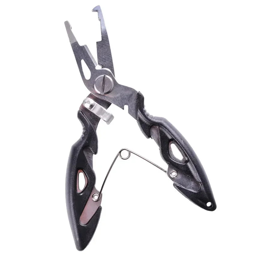 Handy fishing pliers with textured grip, featuring a powerful braid cutter and easy hook remover