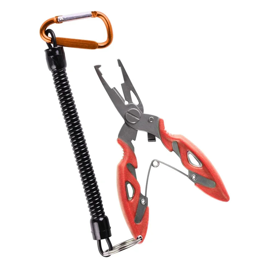 Durable fishing pliers featuring a sharp braid cutter and versatile hook remover mechanism