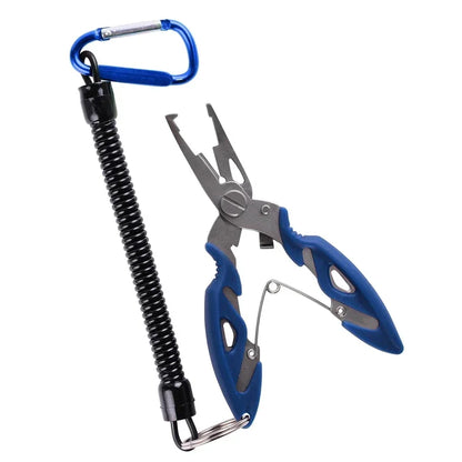 Close-up of fishing pliers showing integrated braid cutter and precision hook remover tip