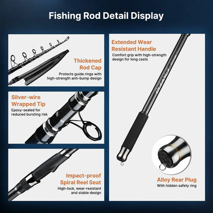 Action shot: telescopic carbon fiber spinning rod bent during a catch, highlighting its durability and strength