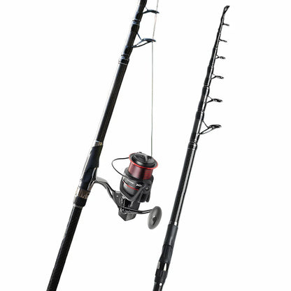 Diagram illustrating the telescopic collapse of a carbon fiber spinning rod for compact storage, angling gear