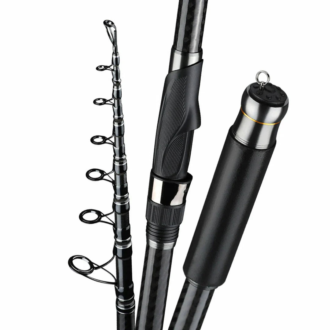 Studio shot of a sleek black telescopic carbon fiber spinning rod, highlighting its modern design
