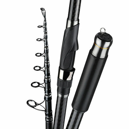 Studio shot of a sleek black telescopic carbon fiber spinning rod, highlighting its modern design