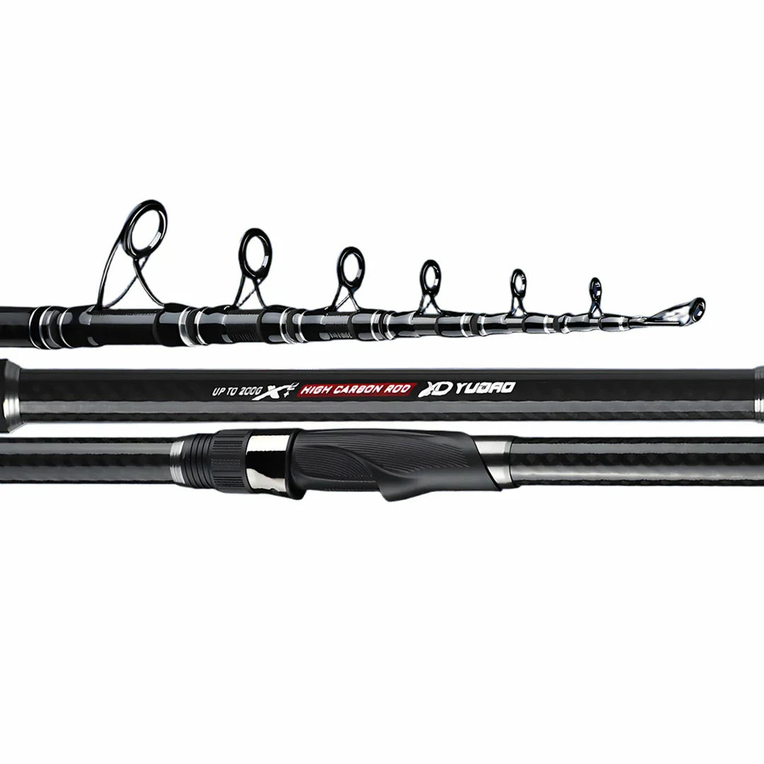 Telescopic carbon fiber spinning rod with a durable, non-slip grip, perfect for wet conditions, fishing gear