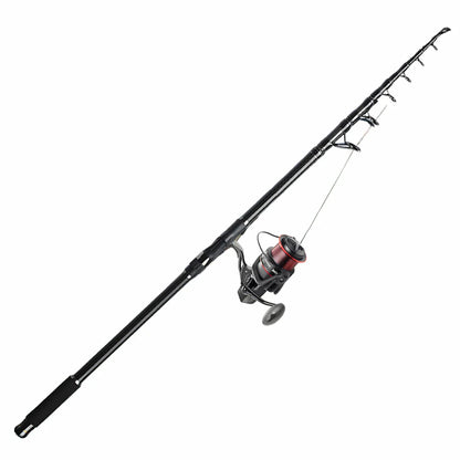 Comparison: collapsed vs. extended telescopic carbon fiber spinning rod, showing portability and length