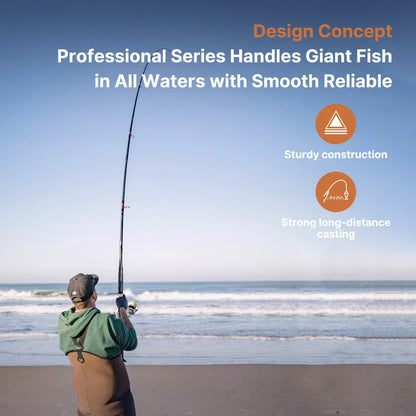 Angler holding an extended telescopic carbon fiber spinning rod by the sea, demonstrating its use