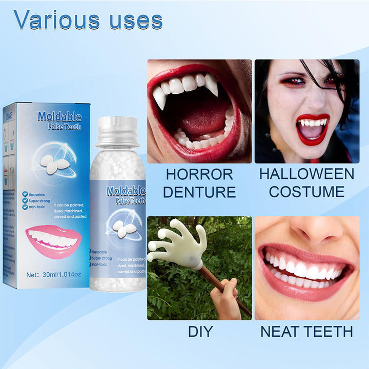 DIY moldable false teeth kit for temporary tooth repair, gap filling & a confident, instant smile.