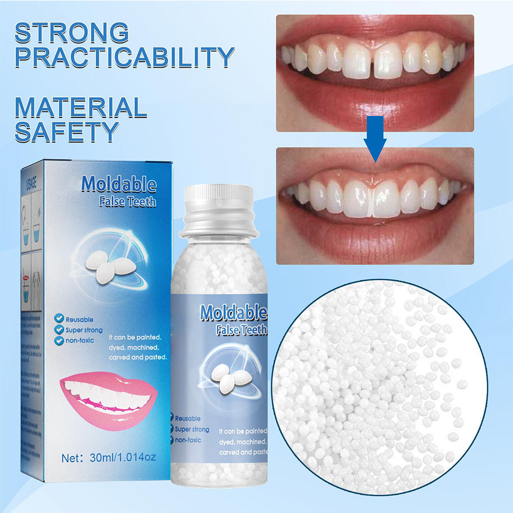 Moldable false teeth for instant temporary tooth repair, filling gaps & missing teeth effectively.