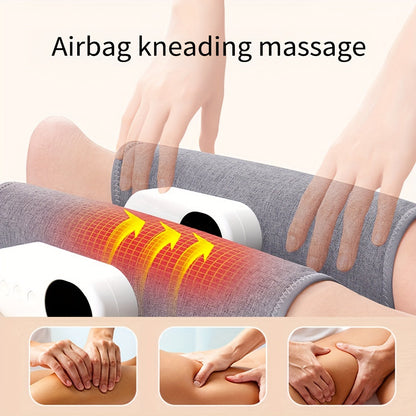 User wearing therapeutic heated leg massager at home for deep muscle relaxation, pain relief & circulation.