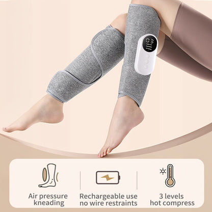 Sleek therapeutic heated leg massager on a white background, highlighting its modern design for home use.