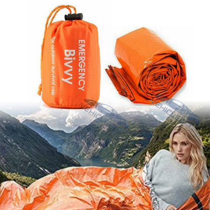Instructional image showing how to properly pack a thermal bivy emergency sleeping bag into its pouch.