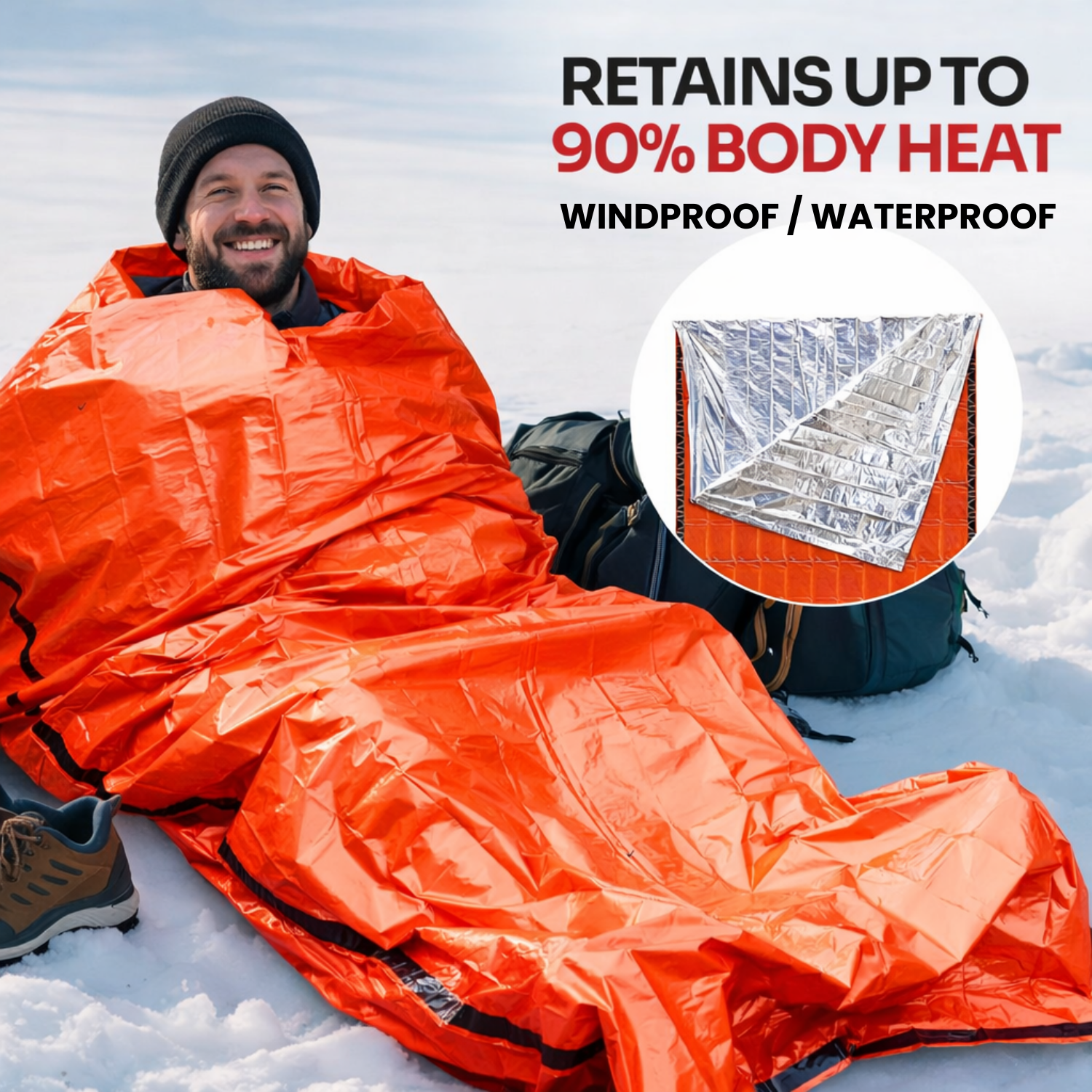 Lightweight thermal bivy emergency sleeping bag packed in its compact stuff sack for preparedness.